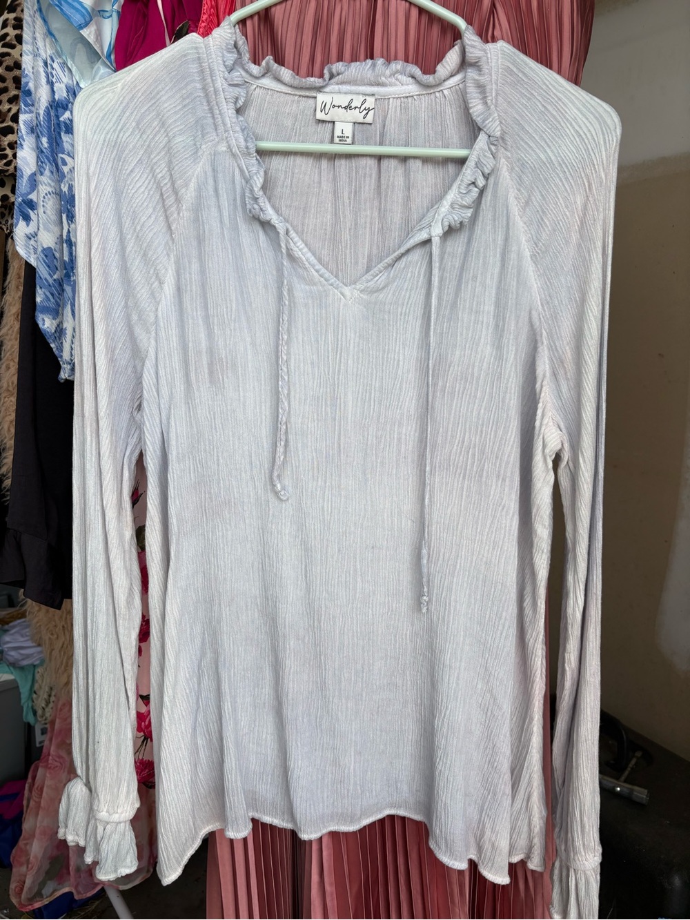 Wonderly Light Gray Ruffled V-Neck Long-Sleeve Top